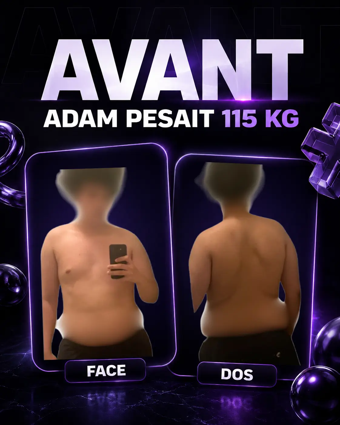 Adam avant transformation, 115 kg